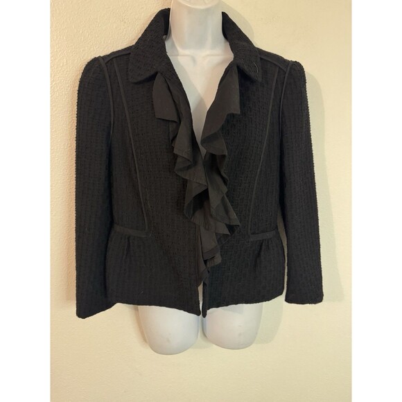ANN TAYLOR LOFT Black Ruffled Collar Cropped Wool/Rayon Jacket Blazer Sz 10 - Picture 1 of 7